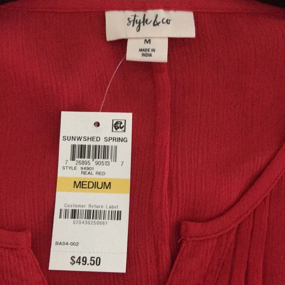 Style & Co Red Popover Blouse 3/4 Ruffle Sleeves Medium Front Tie New with Tags - Picture 6 of 12